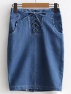 Shein Lace Up Grommet Zipper Back Denim Skirt