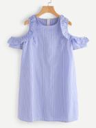 Shein Vertical Striped Open Shoulder Frill Trim Dress