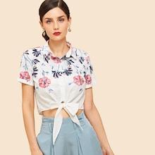 Shein Botanical Embroidery Knot Hem Shirt