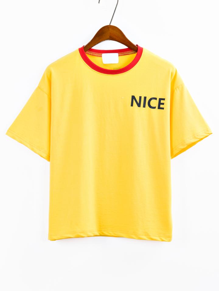 Shein Contrast Neck Letter Print Yellow T-shirt