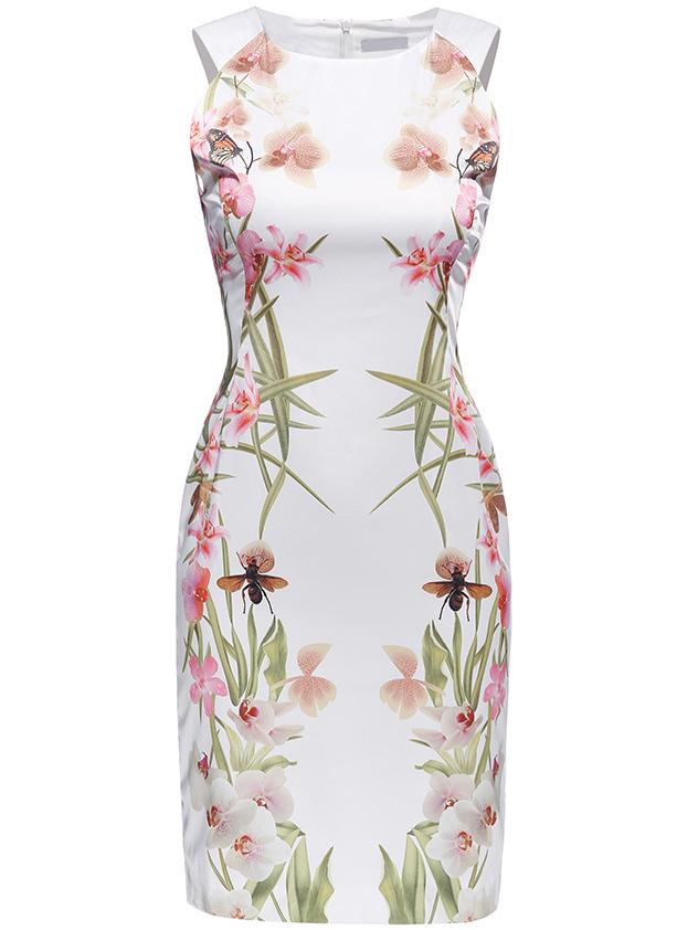 Shein White Crew Neck Flowers Print Sheath Dress