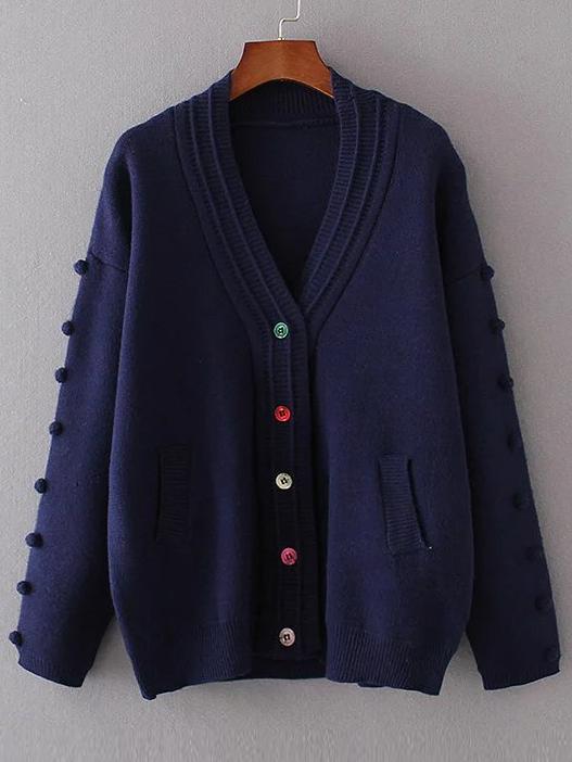 Shein Navy Single Breasted Pom Pom Cardigan