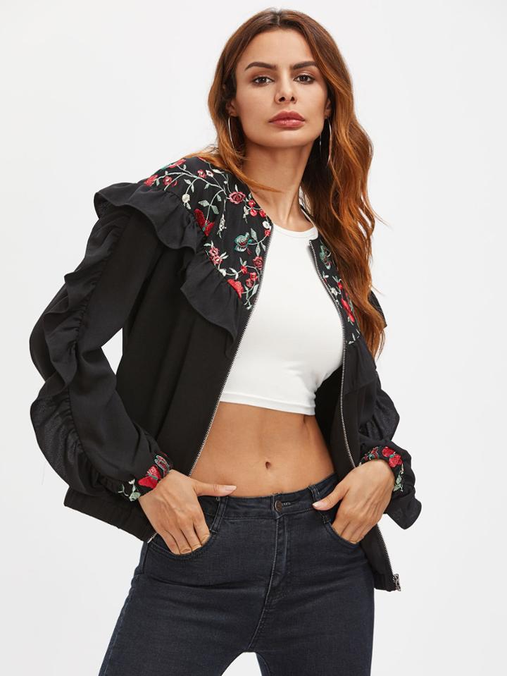 Shein Frill Trim Embroidered Yoke And Cuff Bomber Jacket