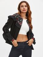 Shein Frill Trim Embroidered Yoke And Cuff Bomber Jacket