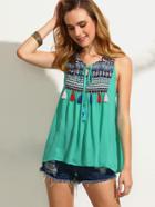 Shein Green Print Tassel Tie Sleeveless Spliced Blouse