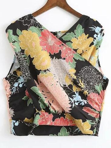 Shein Black Flower Print Surplice Front Sleeveless Top