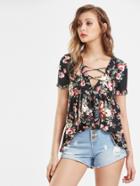 Shein Eyelet Lace Up Plunging Babydoll Top