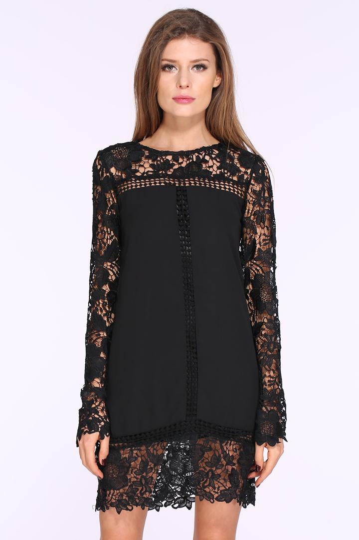 Shein Black Long Sleeve Crochet Lace Dress