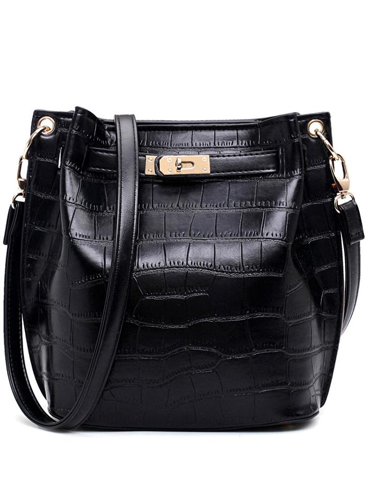 Shein Crocodile Embossed Turnlock Belted Bucket Bag - Black