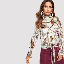 Shein Graphic Print Shirred Neck Knot Hem Top