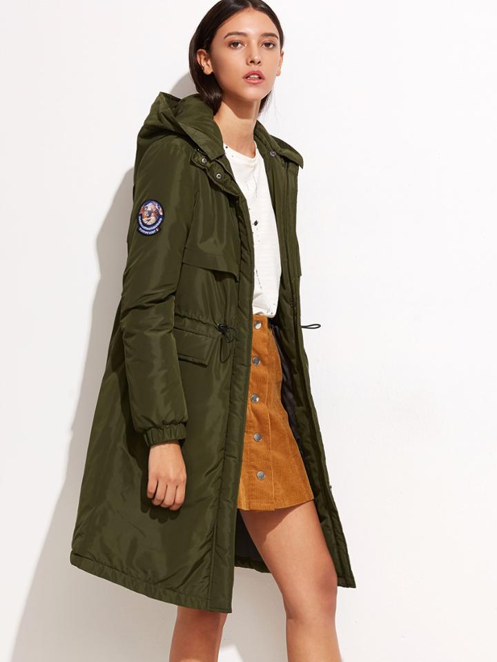 Shein Olive Green Drawstring Parka Coat With Hood