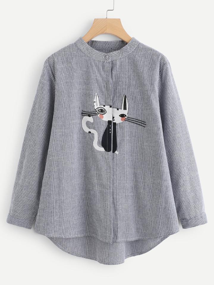 Shein Cat Embroidery Striped Boyfriend Blouse
