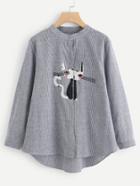 Shein Cat Embroidery Striped Boyfriend Blouse