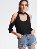 Shein Black Cutout Choker Cold Shoulder Bow Back T-shirt
