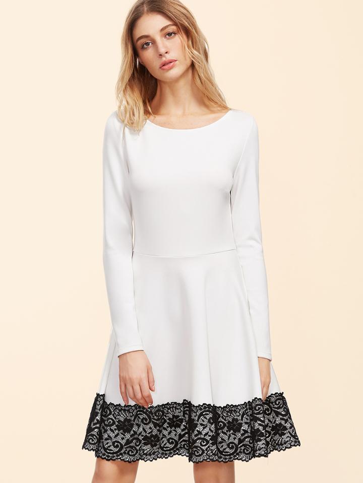 Shein White Contrast Lace Trim Fit And Flare Dress