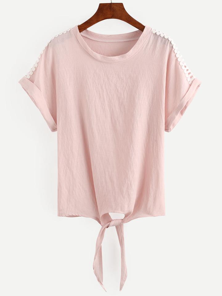 Shein Pink Contrast Hollow Out Knotted Cuffed Shirt