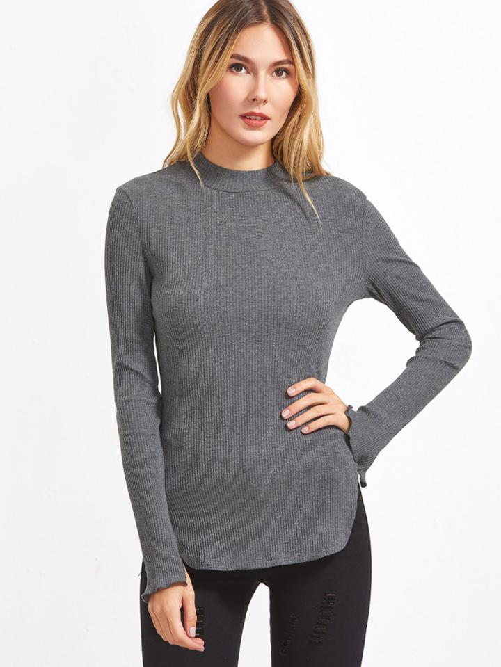 Shein Grey Ribbed Knit Curved Hem Slit Sleeve T-shirt