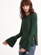 Shein Green Ribbed Knit Bell Cuff Side Slit T-shirt