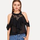 Shein Open Shoulder Guipure Lace Insert Ruffle Top