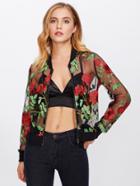 Shein Rose Embroidered Mesh Bomber Jacket