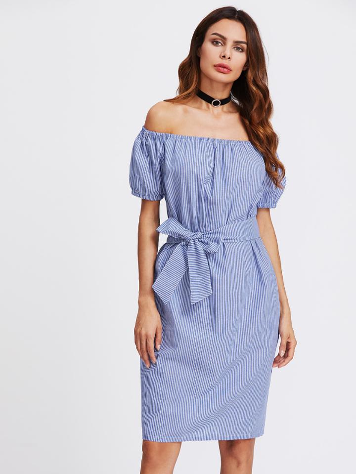 Shein Vertical Striped Bardot Self Tie Dress