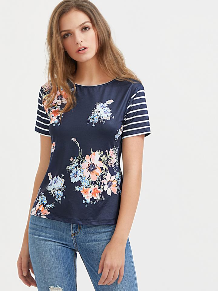 Shein Navy Floral Print Striped Sleeve T-shirt