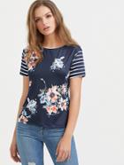 Shein Navy Floral Print Striped Sleeve T-shirt