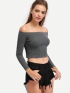 Shein Off-the-shoulder Ribbed Long Sleeve Top - Grey