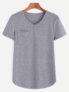 Shein Heather Grey V Neck Curved Hem Pocket T-shirt