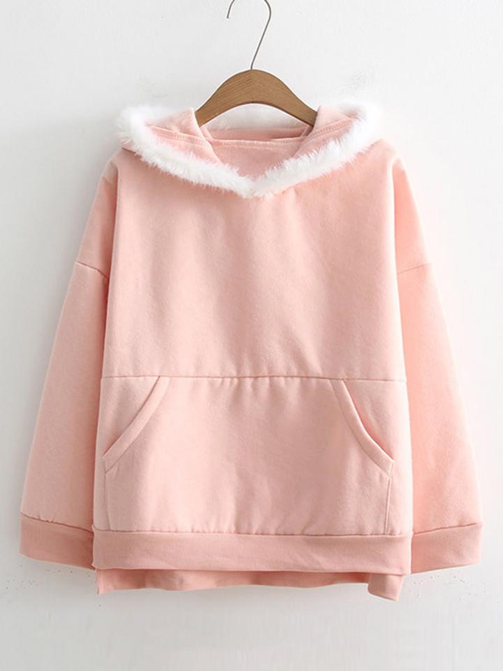 Shein Kangaroo Pocket Faux Fur Rabbit Ear Hoodie