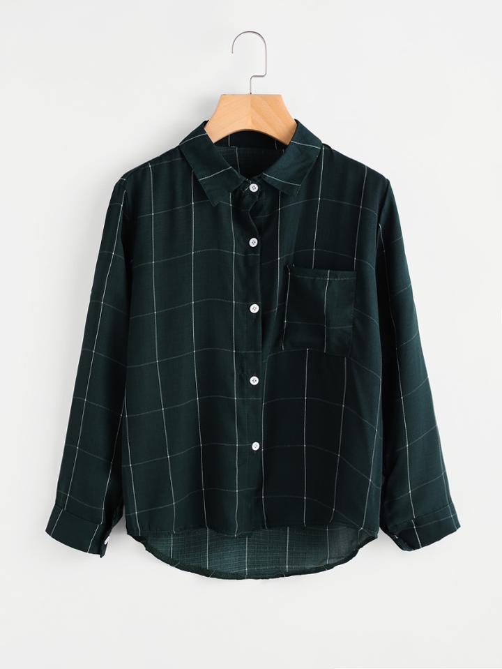 Shein Checked Dip Hem Shirt With Chest Pocket