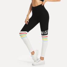 Shein Color Block Lettering And Stripe Leggings