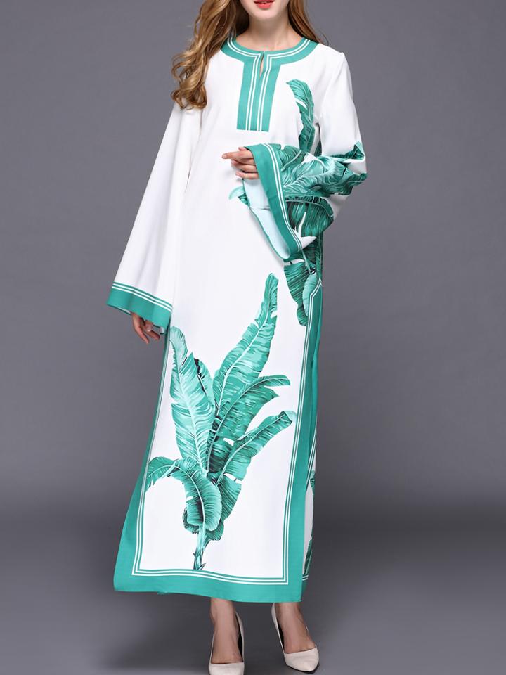 Shein White Leaves Print Split Maxi Dress