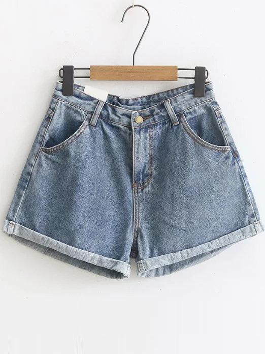 Shein Blue Rolled Hem High Waist Denim Shorts