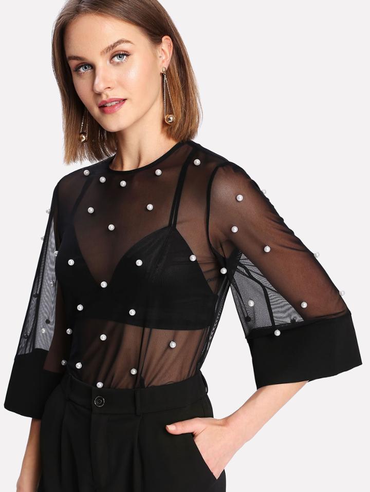 Shein Pearl Embellished Sheer Blouse