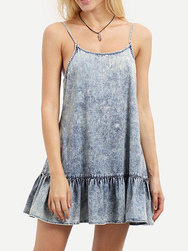 Shein Blue Spaghetti Strap Backless Ruffle Dress