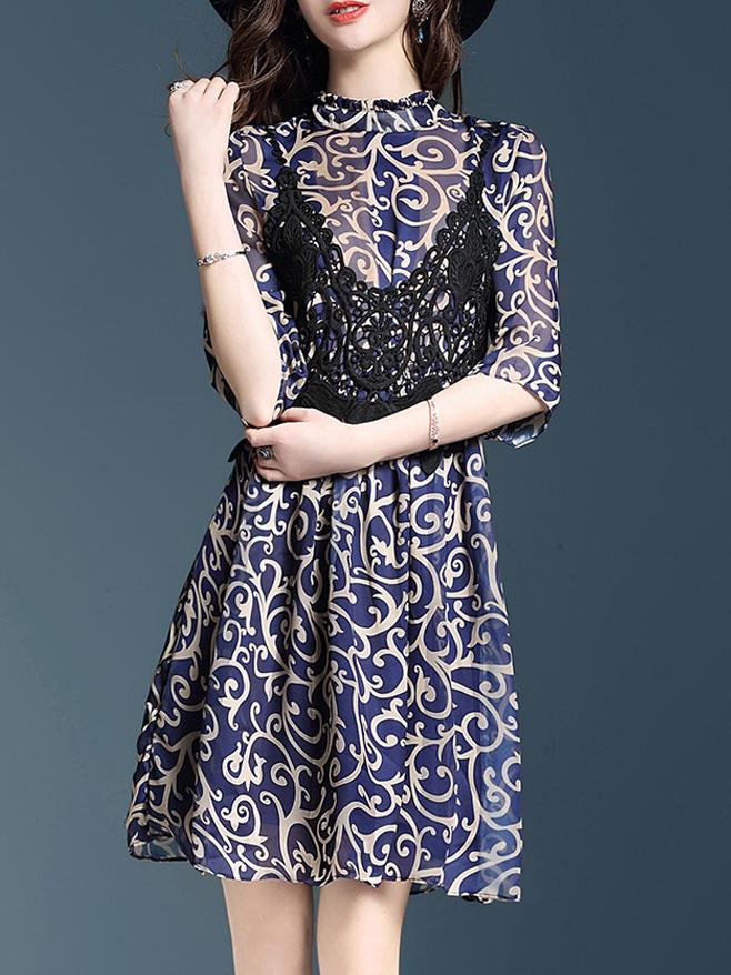 Shein Contrast Crochet Hollow Out Print Dress