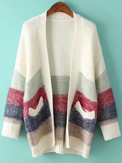 Shein Striped Pockets Loose Beige Coat