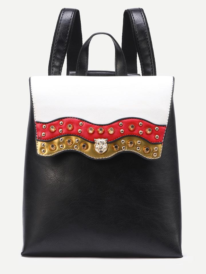 Shein Black Studded Color Block Flap Backpack