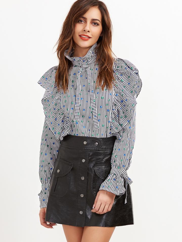 Shein Multicolor Stripe And Star Print Belted Cuff Ruffle Blouse