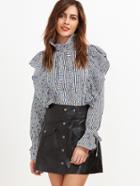 Shein Multicolor Stripe And Star Print Belted Cuff Ruffle Blouse