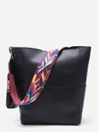 Shein Black Patchwork Leather Wide Strap Bucket Bag With Purse