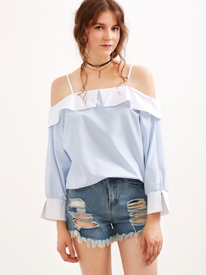 Shein Blue Striped Contrast Foldover Cold Shoulder Top