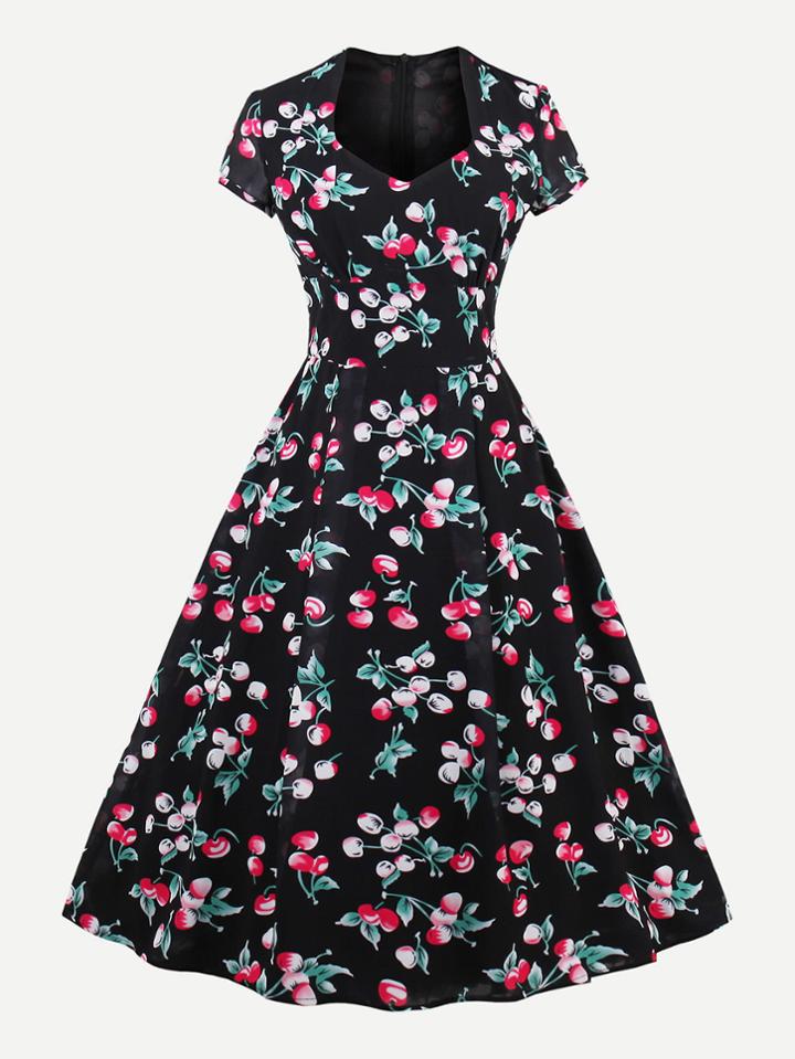 Shein Allover Cherry Print Queen Anne Neckline Circle Dress