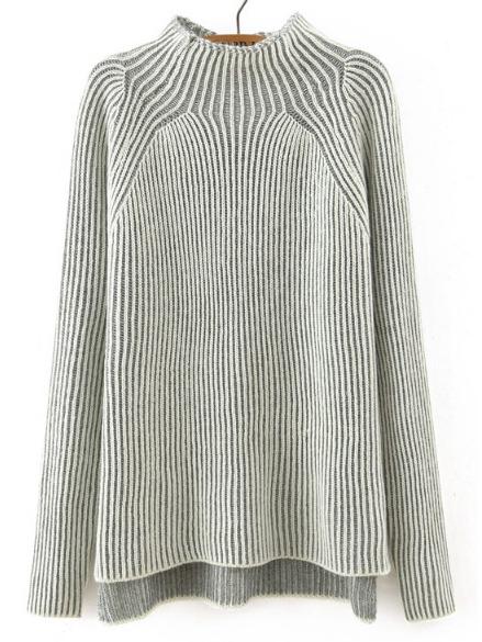 Shein Light Grey Mock Neck Striped Patterned Sweater