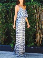 Shein Grey White Spaghetti Strap Striped Split Dress