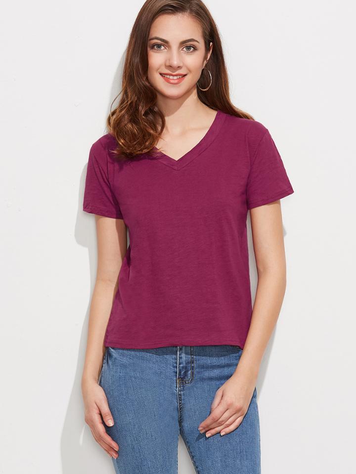 Shein Plum V Neck Short Sleeve T-shirt