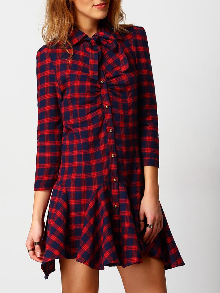 Shein Red Blue Knotted Collar Plaid Ruffle Dress