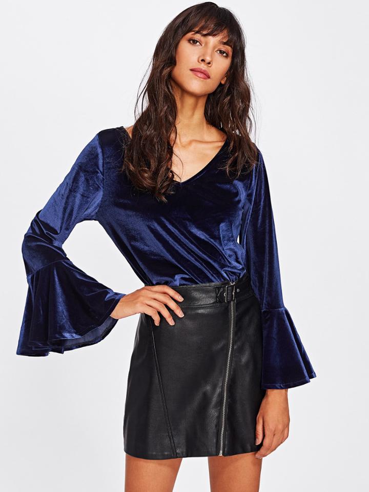 Shein V Neckline Fluted Sleeve Velvet Tee