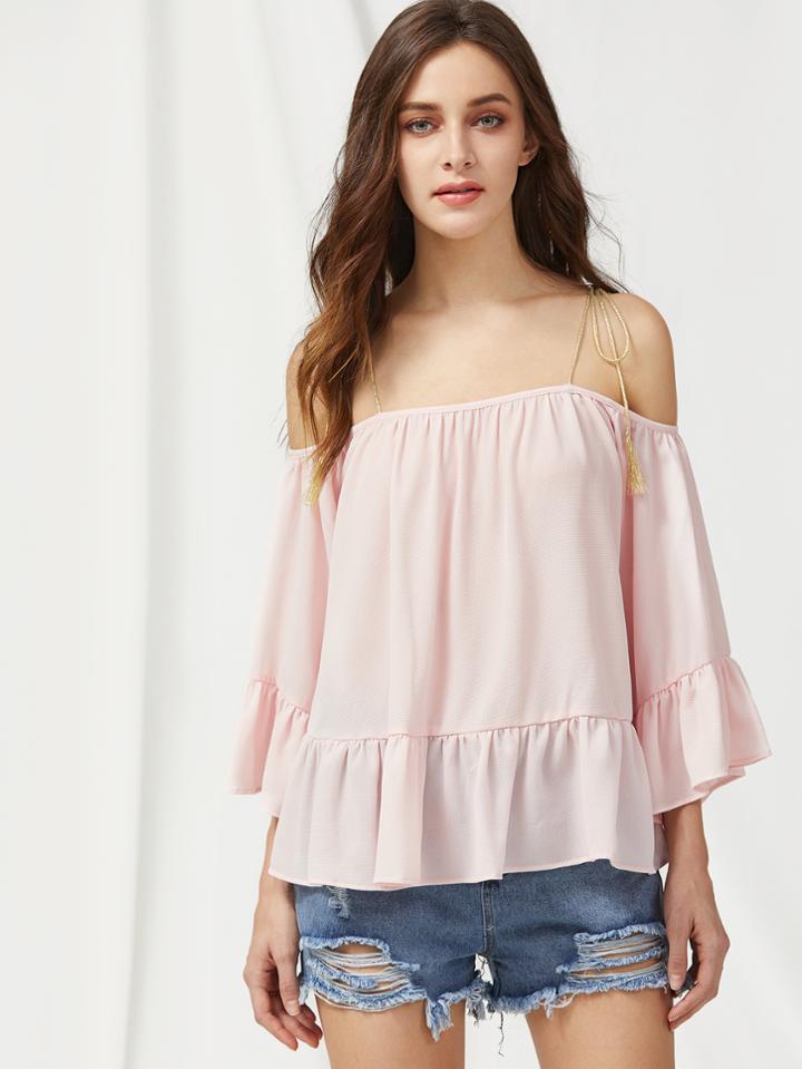 Shein Self Tie Shoulder Bell Sleeve Ruffle Hem Top